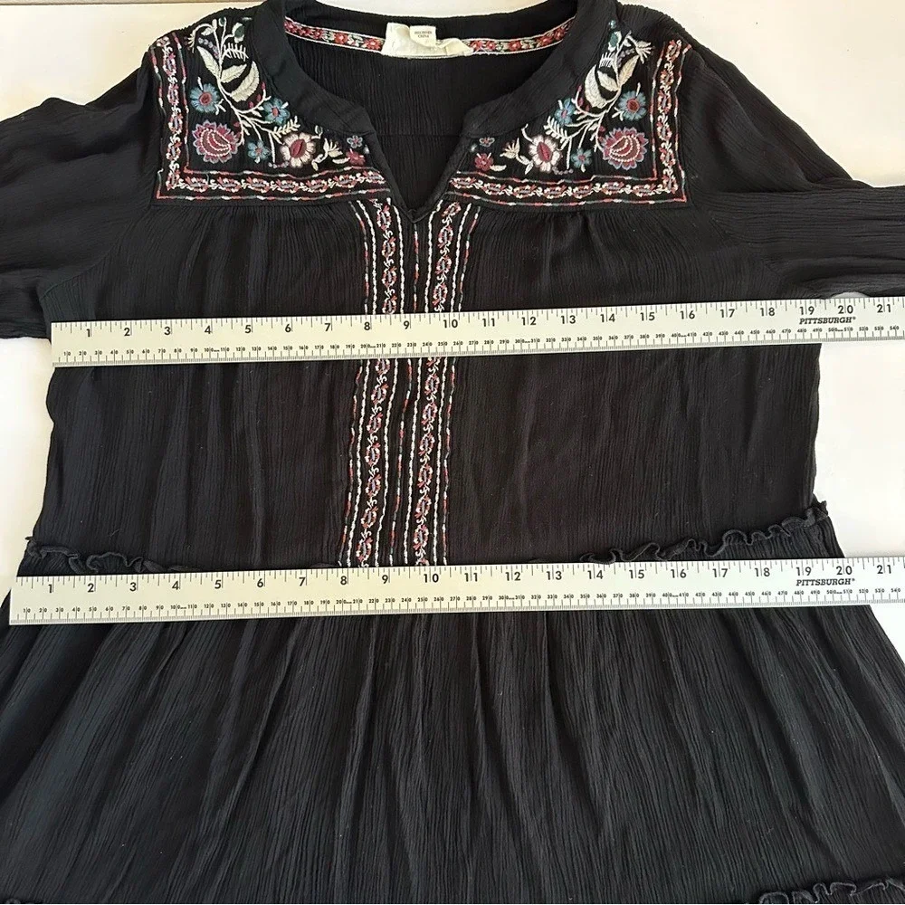 Embroidered Boho Peasant Dress L Black Floral Long Sleeve Midi‎ Cottage Festival